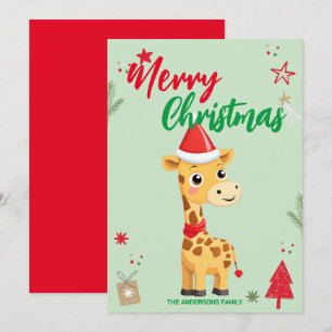 Cartão De Festividades Girafa Fofa Papai Noel Nome de Família Natal Feria