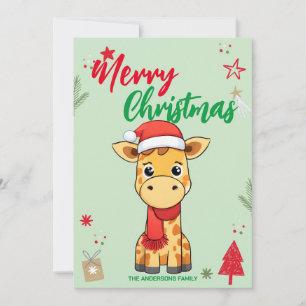 Cartão De Festividades Girafa Fofa Papai Noel Nome de Família Natal Féria