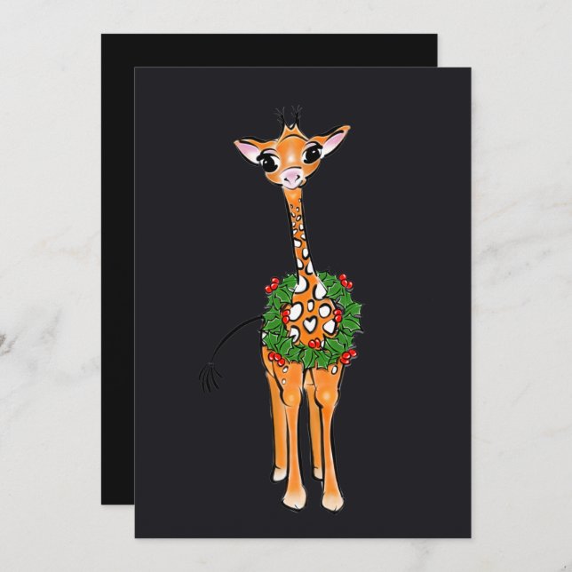 Cartão De Festividades Girafas de Natal Festivas com Holly Wreath (Frente/Verso)