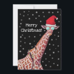 Cartão De Festividades Giraffe with Santa Hat and Snow Merry Christmas<br><div class="desc">Merry Christmas Giraffe with a Santa hat and snowflakes, wearing sunglasses on a black background. All text on front and back is in a fun white text and can be changed to whatever you like by clicking on Personalize this above. This giraffe started as a photo I took while on...</div>