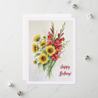 Cartão De Festividades Girassóis de aniversário aquarela floral gladíolos