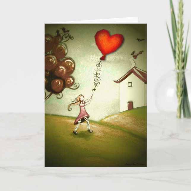 Cartão De Festividades Girl Flying a Heart-Shaped Kite (Customizable) (Frente)