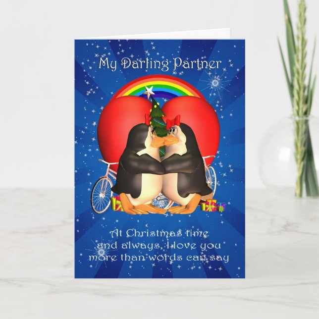 Cartão De Festividades Girlfriend Lesbian Christmas Card With Kissing Pen (Frente)