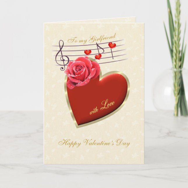 Cartão De Festividades Girlfriend Valentine card - Music, Heart and Rose (Frente)