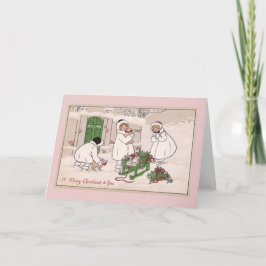 Cartão De Festividades Girls and Pet Pigs Vintage Christmas