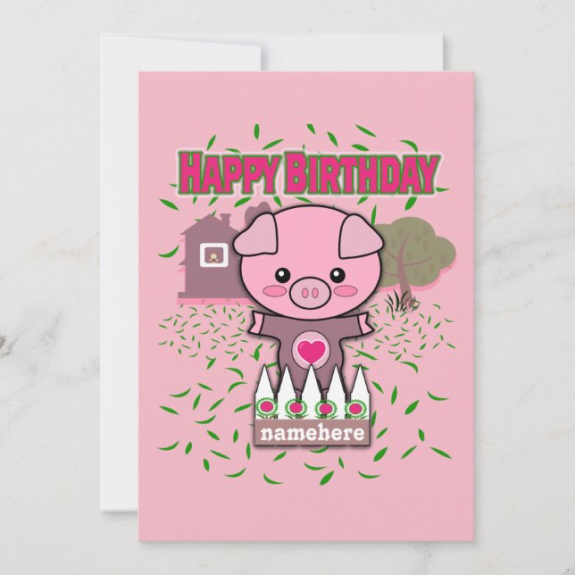 Cartão De Festividades Girls Happy Birthday Cute Pig Personalize Name (Frente)
