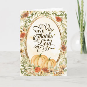 Cartão De Festividades Give Thanks to the Lord Autumn Flowers & Pumpkins