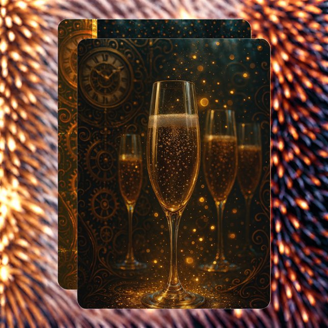 Cartão De Festividades Glam Happy New Year Steampunk Champagne  (Criador carregado)