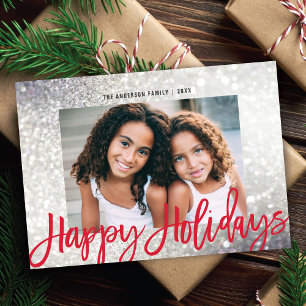 Cartão De Festividades Glam Silver Glitter Happy Holidays Script 1 Foto