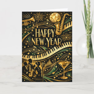 Cartão De Festividades Glamoroso Jazz Dourado Art Déco Ano Novo