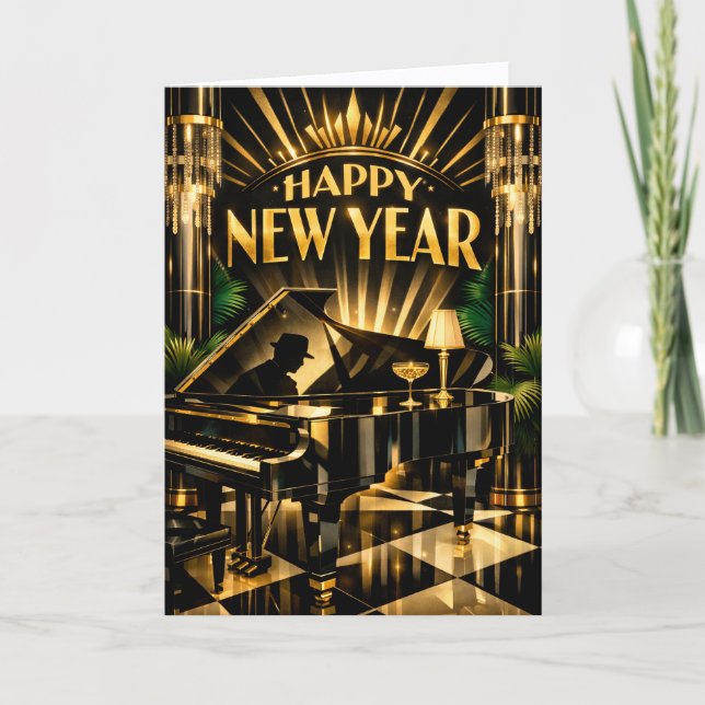 Cartão De Festividades Glamorous Art Deco Piano New Year (Frente)