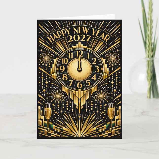 Cartão De Festividades Glamorous Gold Art Deco Midnight New Year (Frente)