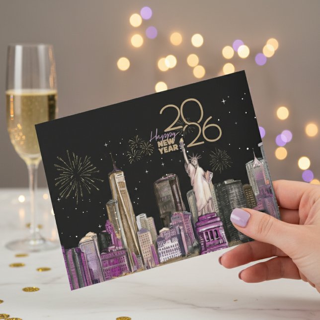 Cartão De Festividades Glamorous NYC New Year Card 2026 | Black & Purple  (Glamorous NYC New Year Card 2026 | Black & Purple )