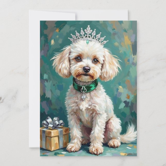 Cartão De Festividades Glamorous White Poodle Princess Christmas Art (Frente)