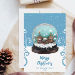 Cartão De Festividades Glass Snowball Winter Village Foliage Christmas<br><div class="desc">Placa de Natal da Vila de Inverno de Vaca Festiva de Neve. O conto de fadas se casa no inverno com neve e belos flocos de neve. Lindas plantas brancas e azuis escalando. Um desejo Feliz de Natal em um roteiro de tendências. Você pode mudar qualquer texto.</div>