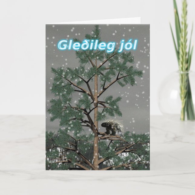 Cartão De Festividades Gleðileg jól - Porcupine Numa Árvore De Pinheiros (Frente)
