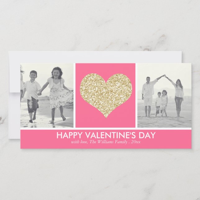 Cartão De Festividades Glitter Heart Valentine's Day Photo Cards (Frente)