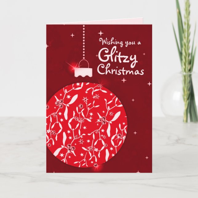 Cartão De Festividades Glitzy Christmas sparkle bauble red card (Frente)