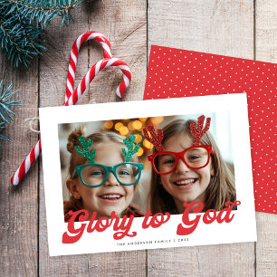 Cartão De Festividades Glória a Deus Uma Foto Natal Script Vermelho Retrô