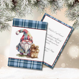 Cartão De Festividades Gnome Aquarela em Xadrez Azul Vintage