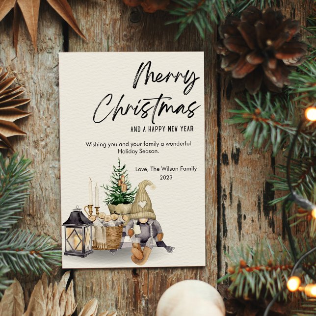 Cartão De Festividades Gnome Aquarela Natal Cozy Flat (Criador carregado)