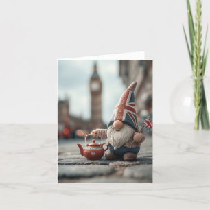 Cartão De Festividades Gnome britânico com Union Jack Hat e Teapot