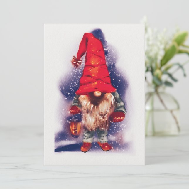 Cartão De Festividades Gnome com um Natal de Lanterna (Em pé/Frente)