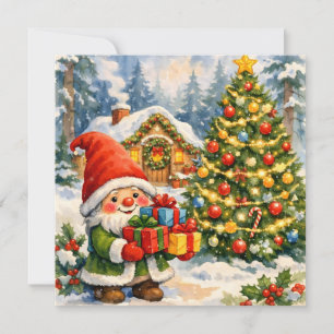 Cartão De Festividades Gnome de aquarela e árvore de Natal 