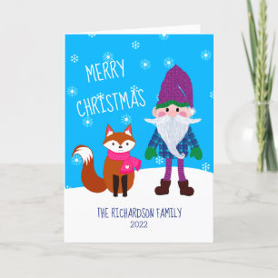 Cartão De Festividades Gnomo Bonito Fox Snowflakes Azul Feliz Natal