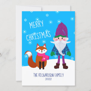Cartão De Festividades Gnomo Bonito Fox Snowflakes Azul Feliz Natal