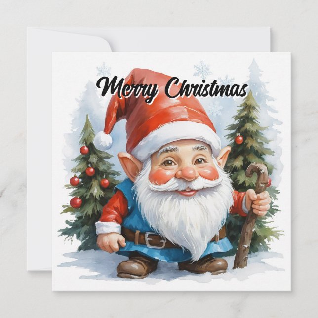 Cartão De Festividades Gnomo em Aquarela Contemporânea - Caprichoso e Mod (Frente)