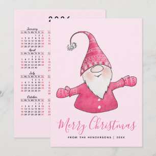 Cartão De Festividades Gnomo Fofo Calendário 2026 Natal Feliz Rosa