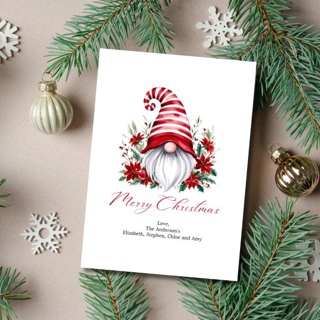 Cartão De Festividades Gnomo Personalizado Poinsettia Vermelho Natal (Gnome with Poinsettia Christmas Card. Personalized. Digital or Printed)
