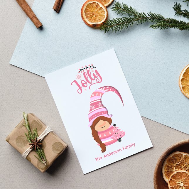 Cartão De Festividades Gnomo Rosa De Natal Com Cabelo De Braid (Pink Christmas Girl Gnome With Braid Hair Jolly Holiday Card - Personalized Festive Greeting)