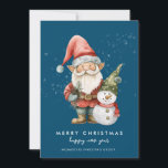 Cartão De Festividades Gnomo Snowman Felry Christmas Corporate Flat<br><div class="desc">Um gnomo vestido de vermelho fica ao lado de um boneco de neve com um chapéu de elfo verde e um cachecol vermelho. Eles estão cercados por uma poeira de neve branca que pop sobre o fundo azul escuro. A estética minimalista é criada por um simples Feliz Natal e Feliz...</div>