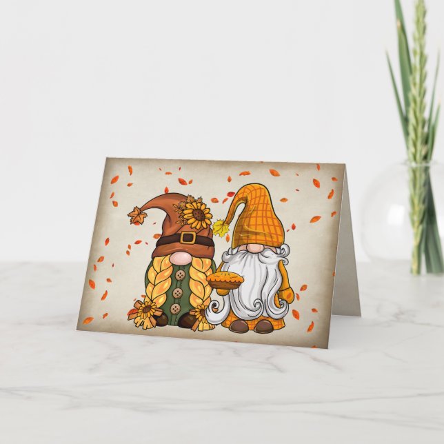 Cartão De Festividades Gnomos de Ação de Graças com Pie (Frente)