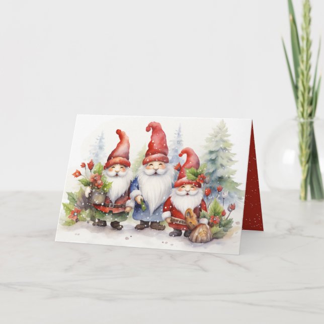 Cartão De Festividades Gnomos De Natal Bonitos Em Flocos De Neve (Frente)
