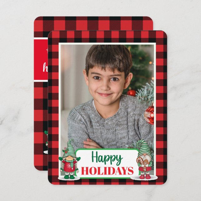 Cartão De Festividades gnomos de Natal xadrez (adicione sua foto) ca (Frente/Verso)