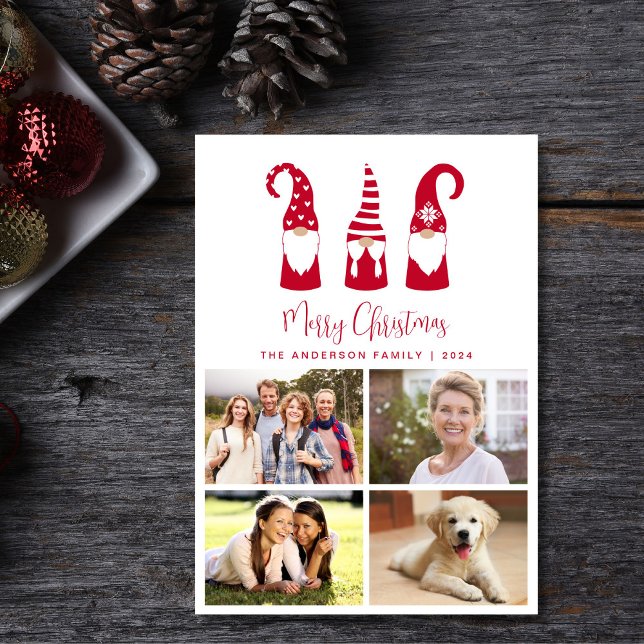 Cartão De Festividades Gnomos Feliz Foto de Natal (This holiday season, let your family's smiles and heartwarming memories shine on our 4 photo card)