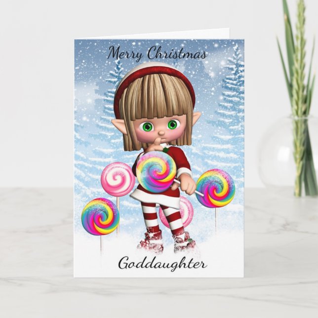 Cartão De Festividades Goddaughter Little Elf With Candy Pops And Snow (Frente)