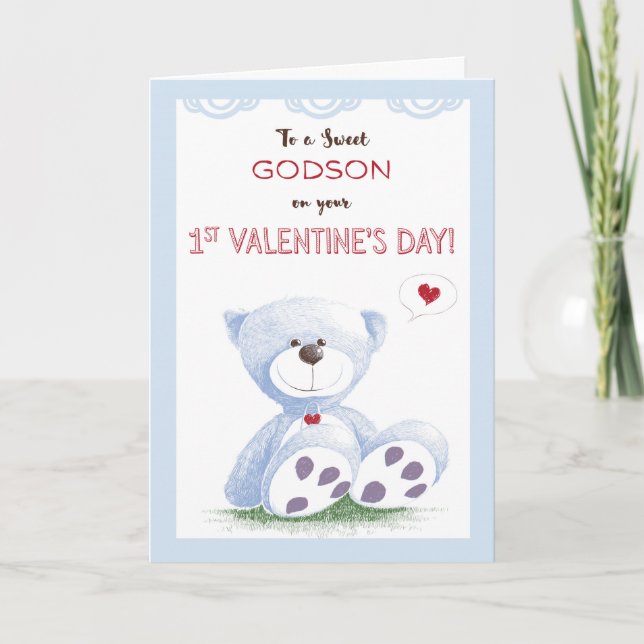 Cartão De Festividades Godson, 1st Valentine's Day, Blue Teddy Bear on Gr (Frente)