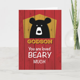 Cartão De Festividades Godson, Bear Valentine Wishes on Red Wood Grain
