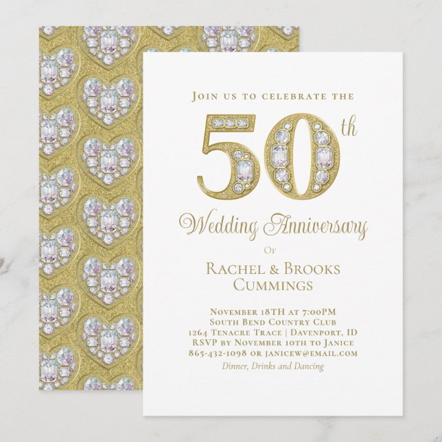 Cartão De Festividades Gold 50th Anniversary Party Invitation (Frente/Verso)