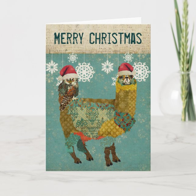 Cartão De Festividades Gold Alpaca & Owl Christmas Card (Frente)