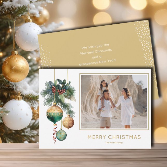 Cartão De Festividades Gold and Green Christmas Ornaments Photo (Chic green and gold Christmas tree ornaments flat photo holiday greeting cards)