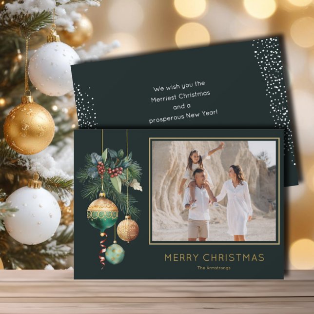 Cartão De Festividades Gold and Green Christmas Ornaments Photo (Chic green and gold Christmas tree ornaments flat photo holiday greeting cards)