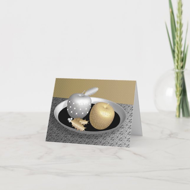 Cartão De Festividades Gold  and silver apples on a silver platter (Frente)