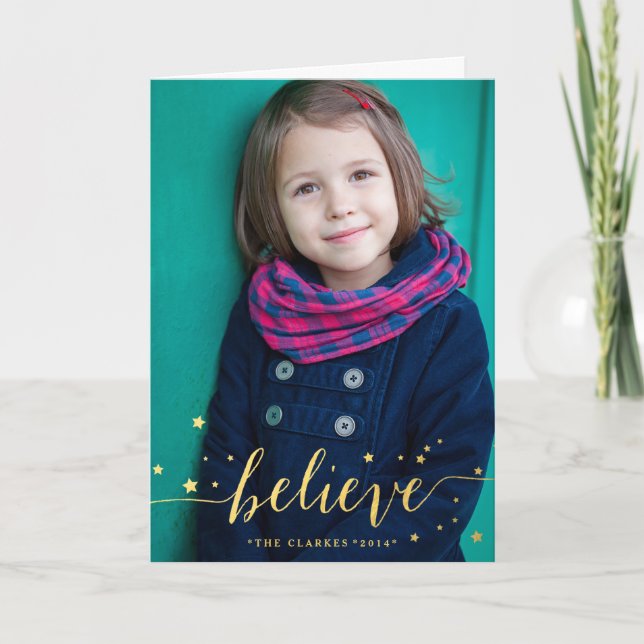 Cartão De Festividades Gold Believe Handwriting | Holiday Photo (Frente)