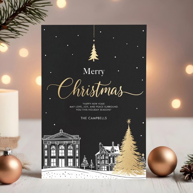Cartão De Festividades Gold & Black Merry Christmas Calligraphic (Criador carregado)