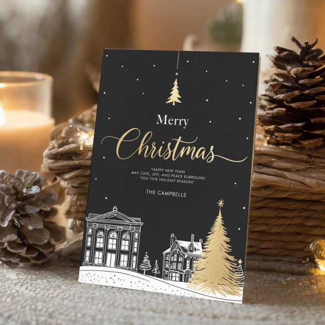 Cartão De Festividades Gold & Black Merry Christmas Calligraphic Folded  (Criador carregado)